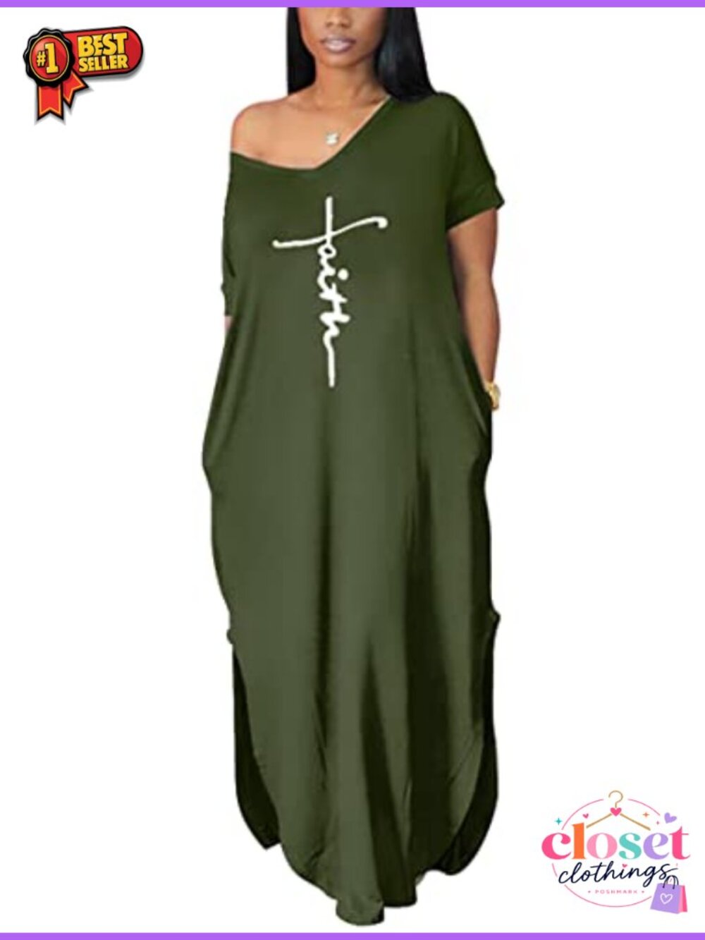 Women V Neck Side Split Maxi Dress with Pockets Flowy Loose Summer Casual